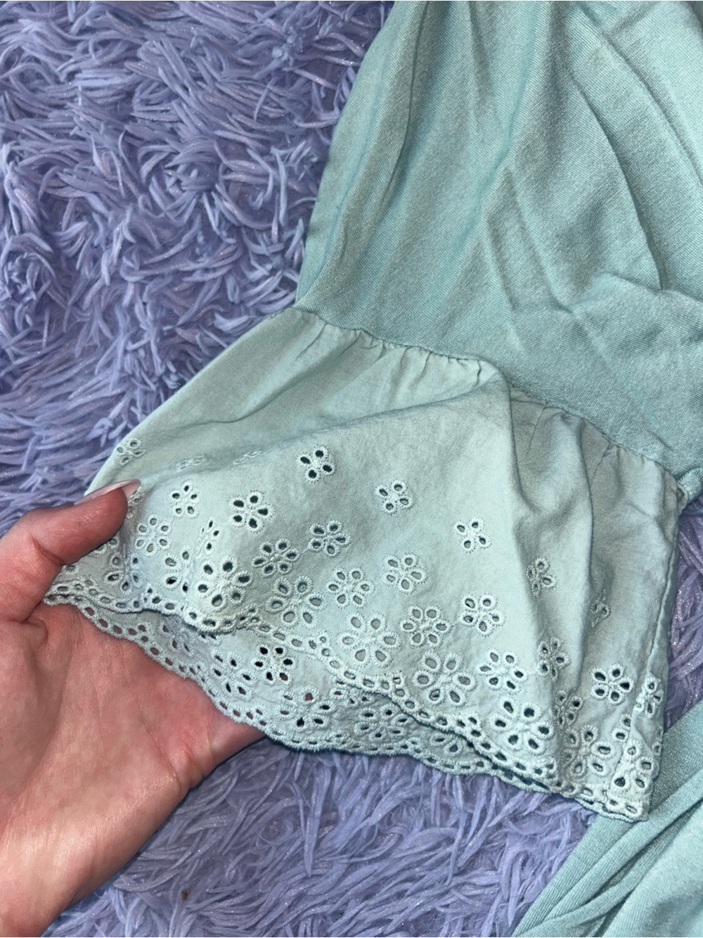 Pink Rose Mint Green Eyelet Sleeve Peplum Top